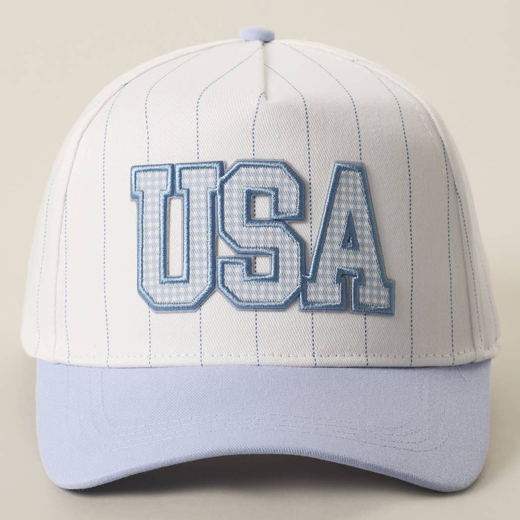 USA Gingham Embroidered Patch Pinstripe Crown Trucker Hat: LT BLUE, One Size