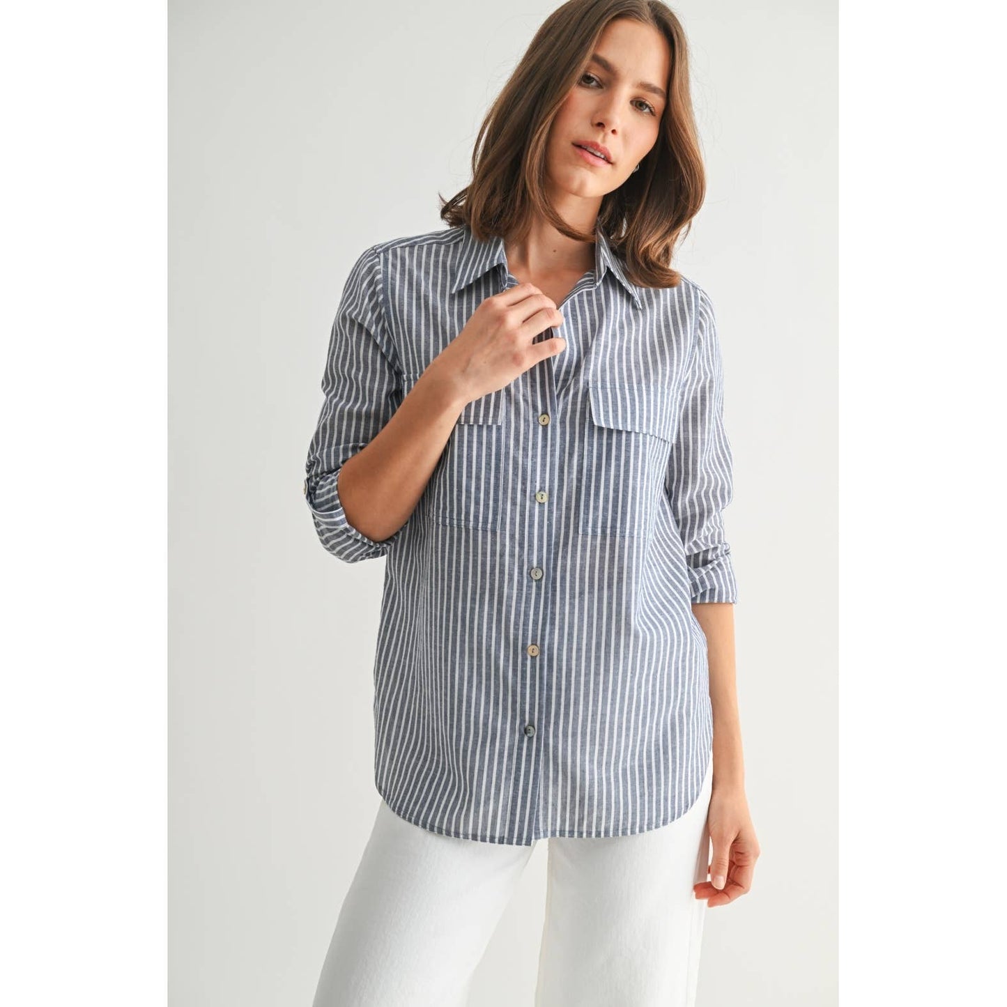 STRIPE 2POCKET SHIRTS: Navy, S-M-L(2-2-2)