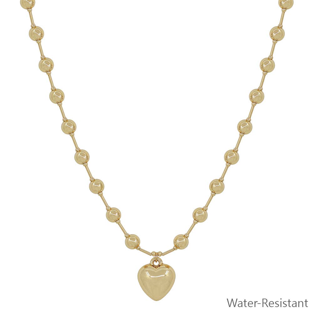 Water Resistant 6MM Beaded Chain with Puffy Heart 16"-18" Necklace