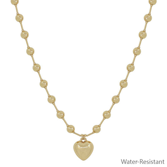 Water Resistant 6MM Beaded Chain with Puffy Heart 16"-18" Necklace