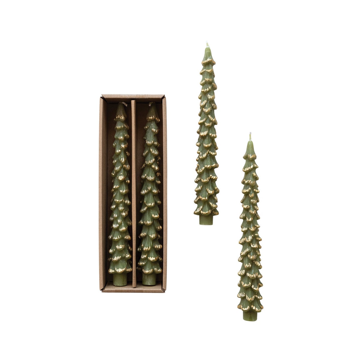 Unscented Tree Shaped Taper Candles w/ Gold Tips in Box - 10" Cedar