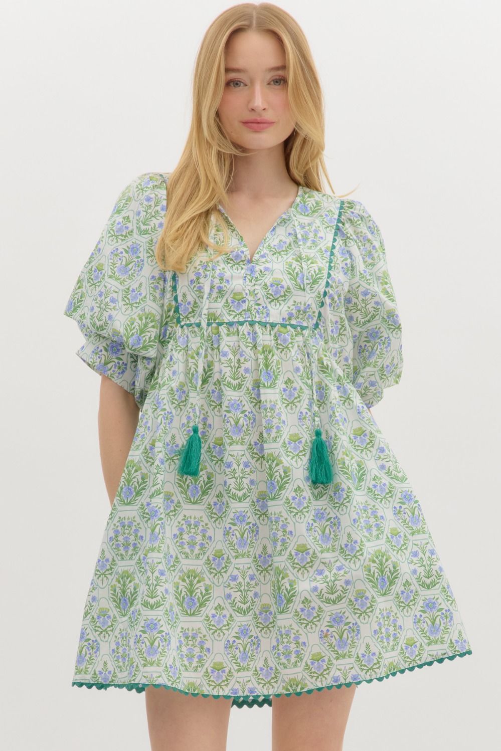 Green Floral Honeycomb Mini Dress