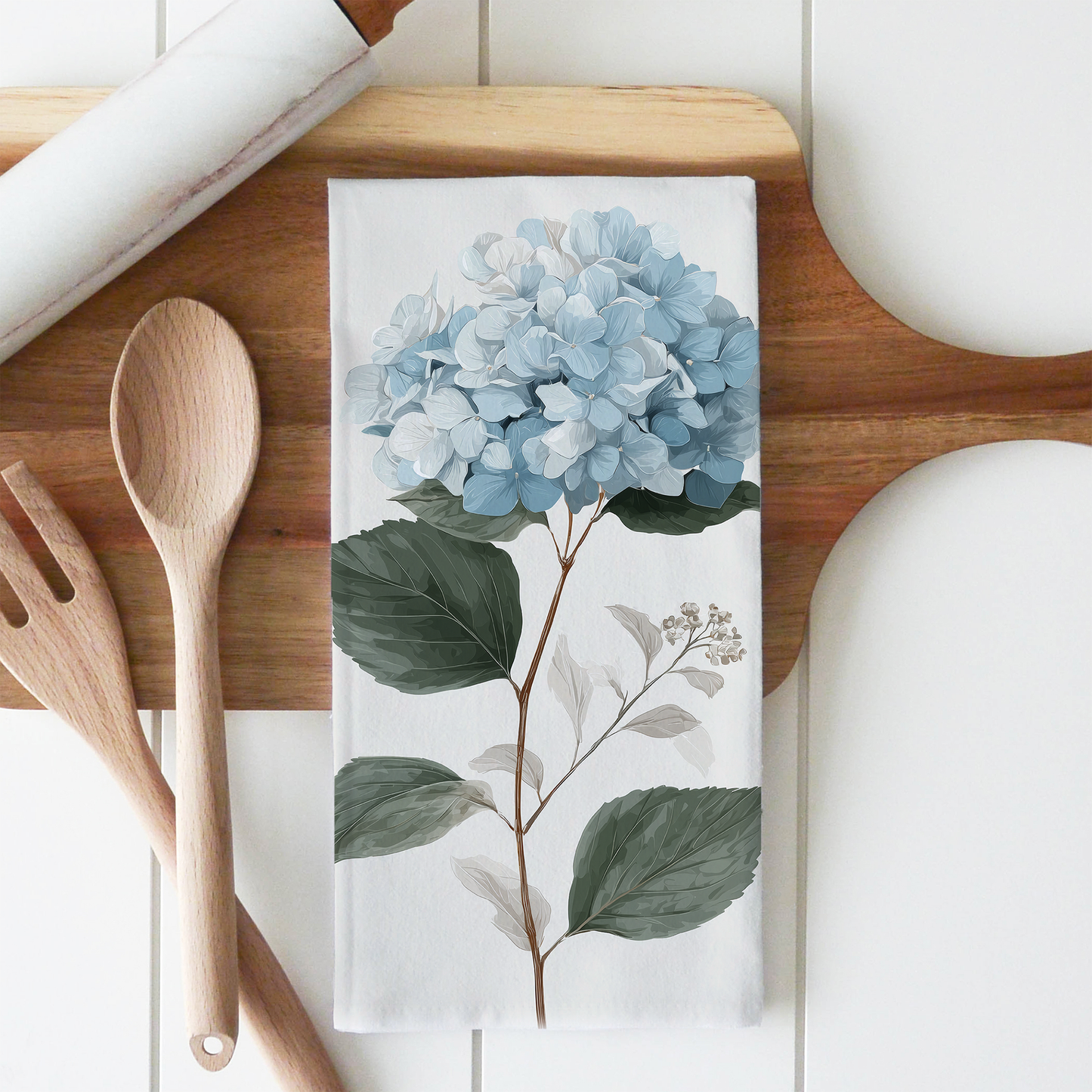 Blue Hydragea Tea Towel: White