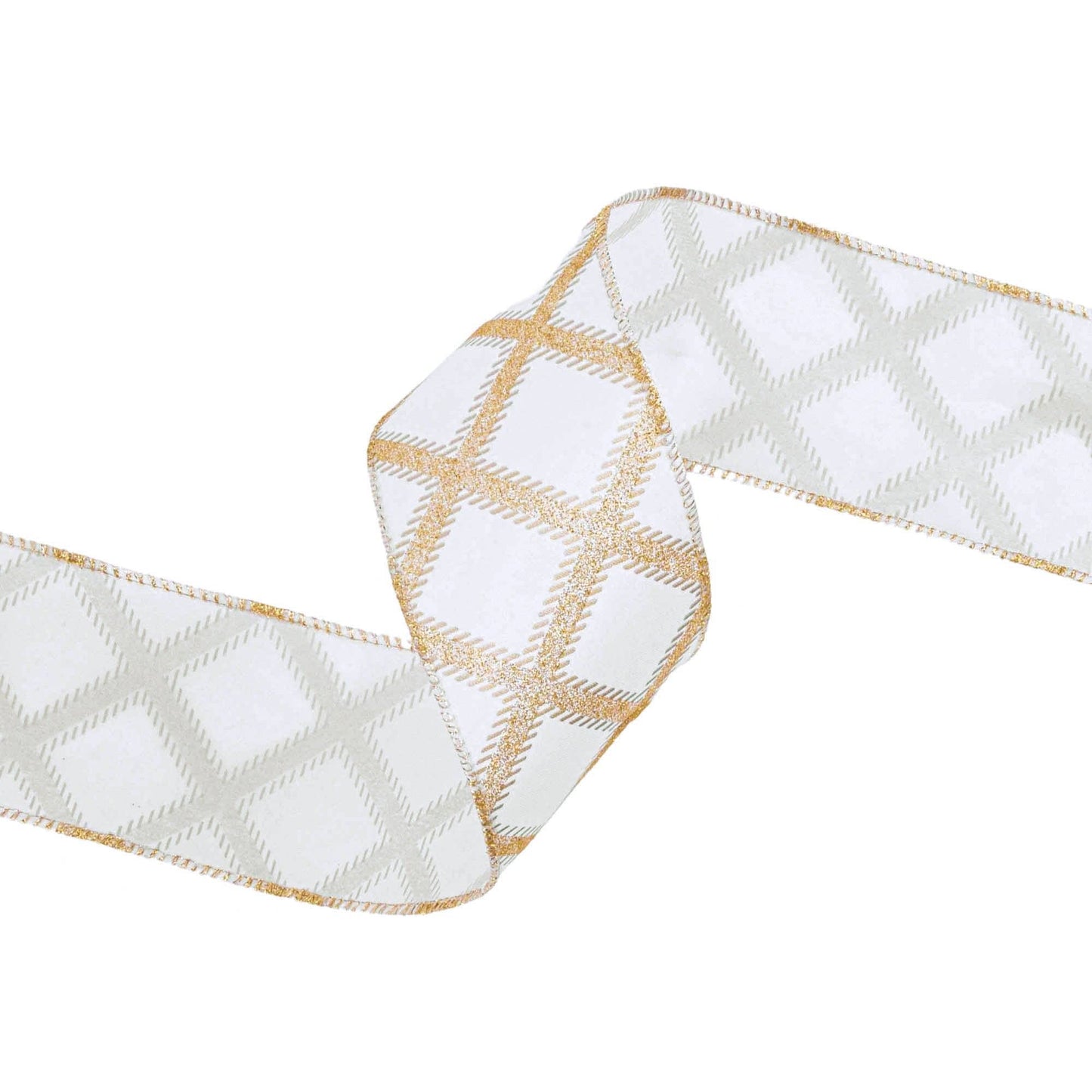 2 1/2" Gold Glitter Diamonds Wired Ribbon on Ivory | 10 Yard Roll