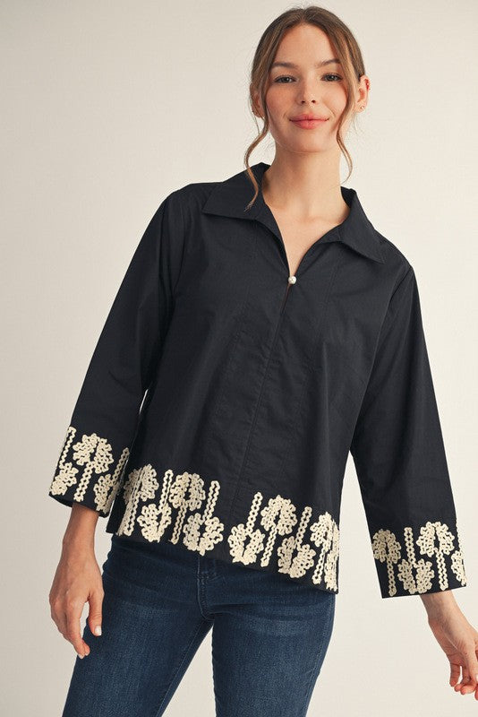 Harvest Bloom Trim Top - Black