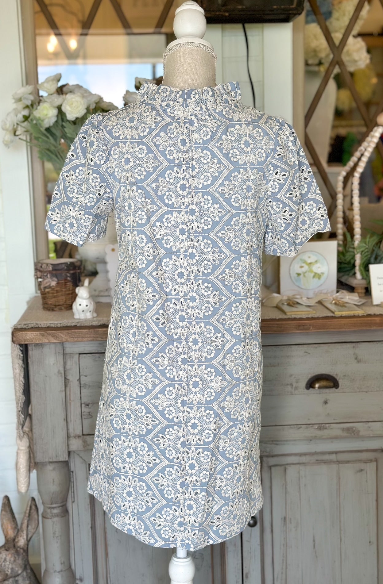 Wide Ruffle V Neck Embroidered Dress