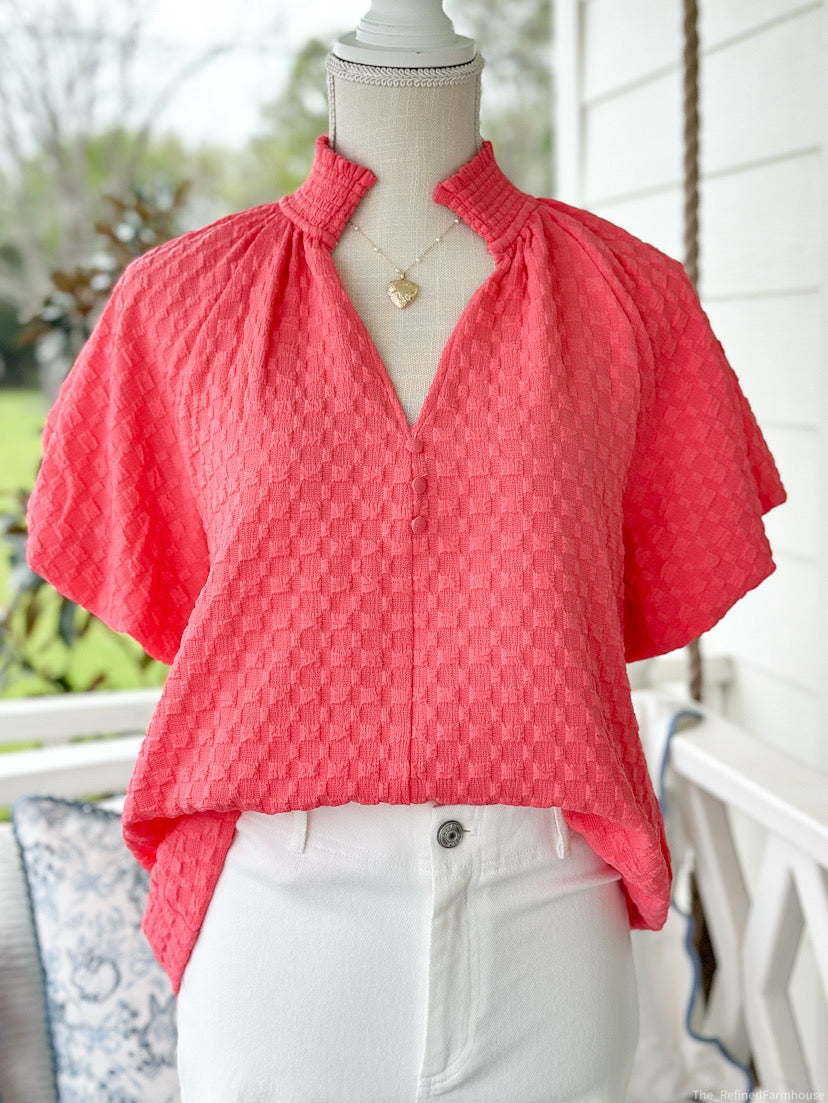 Coral Jacquard Ruffle Top