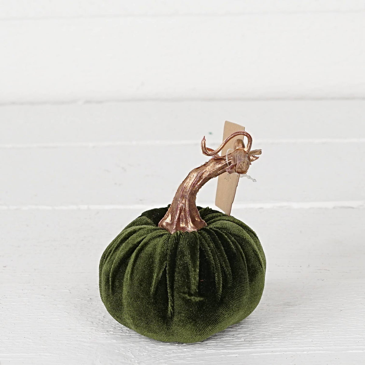 4in Velvet Pumpkin w. Golden Stem-Green