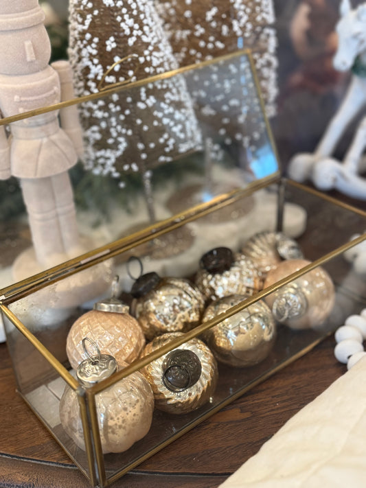 (8) Embossed Mercury Glass Ornaments in Display Box, Set of 9