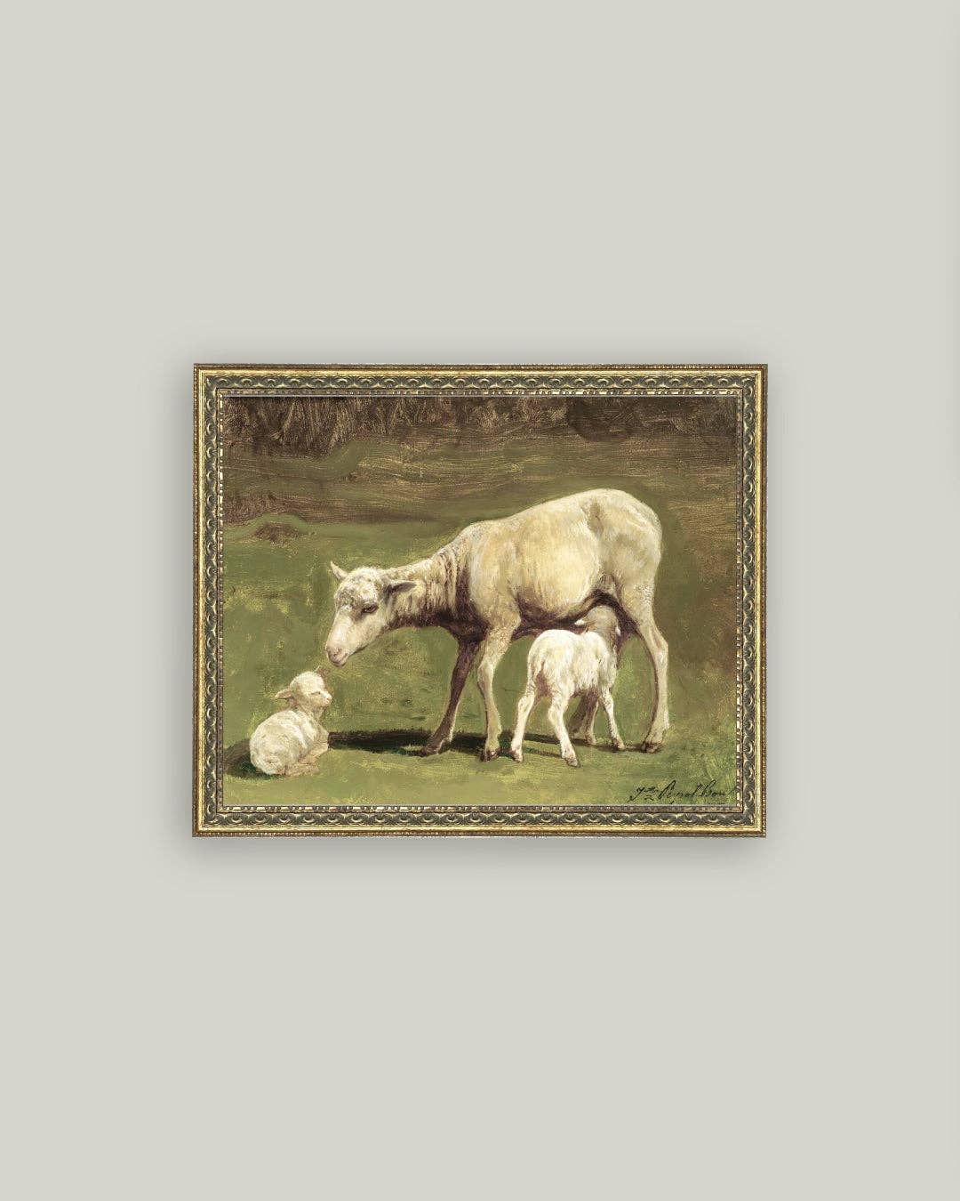 Ewe and Two Lambs Framed Antique Art: 10x8