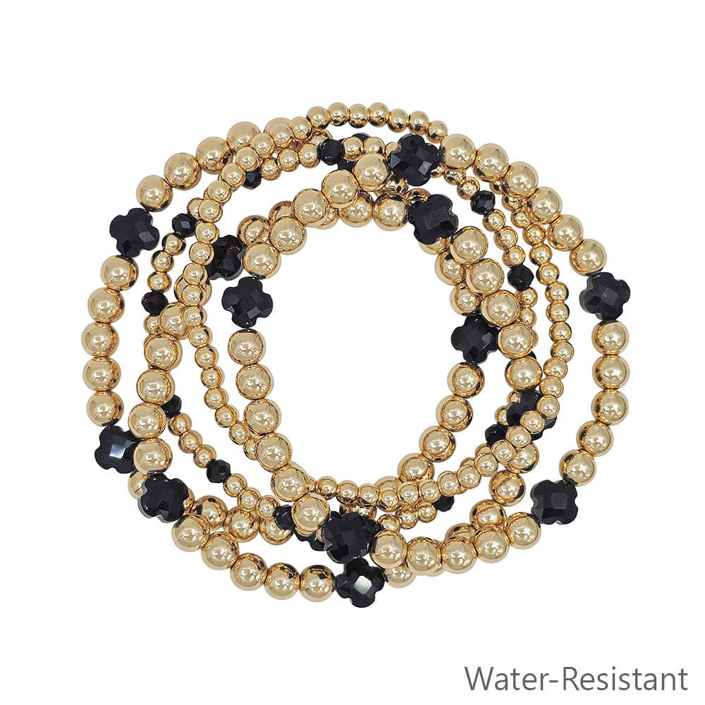 Textured Beaded and Black Clover Stretch Bracelets Set of 5