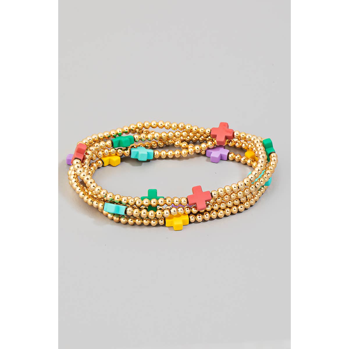 Cross And Metallic Beads Layered Bracelet: WHT