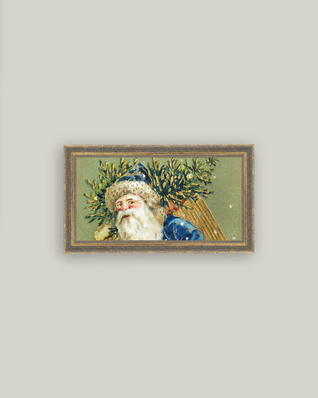 Santa Dressed In Blue Framed Antique Art: 12x7