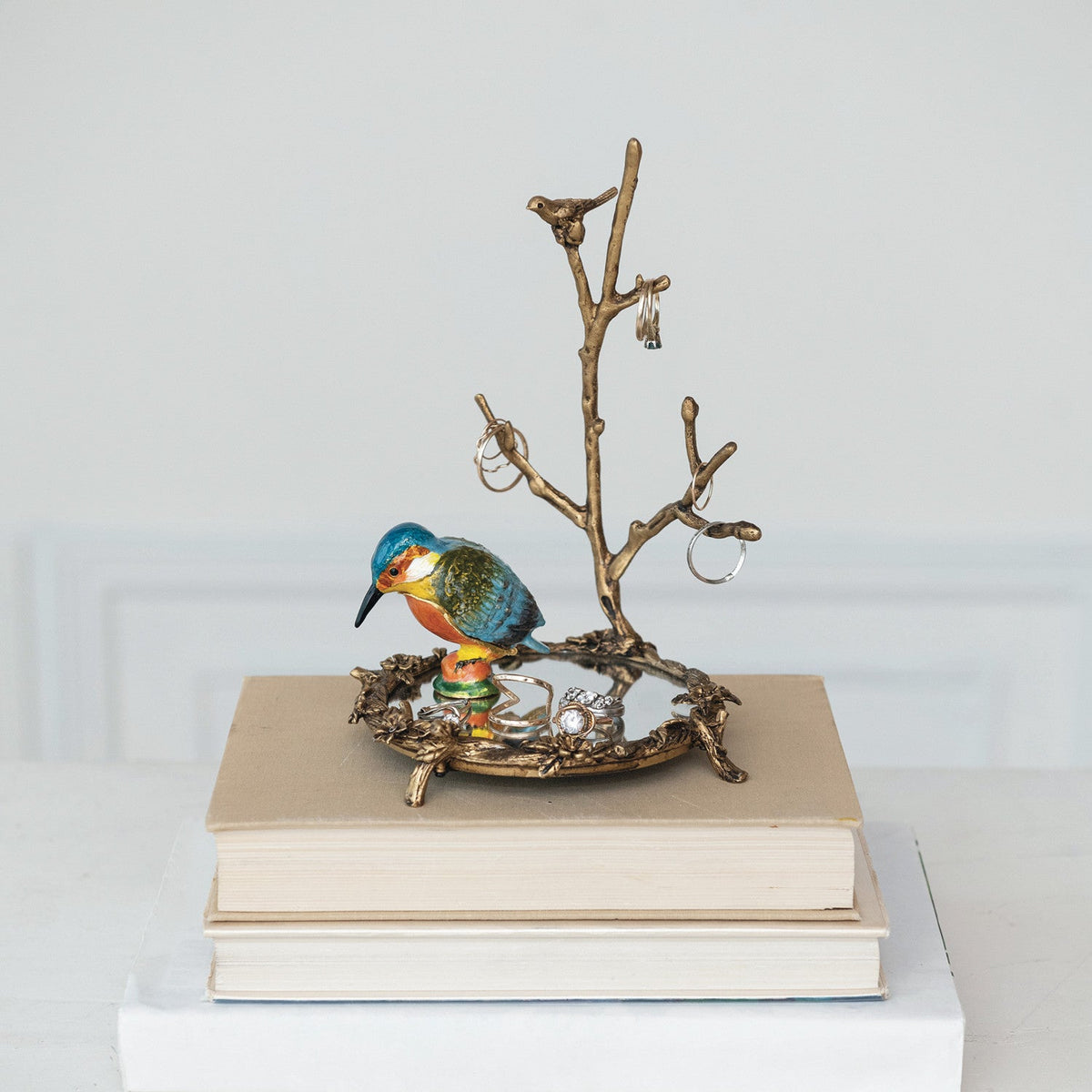 Pewter Jewelry Holder w/ Mirror & Bird on Branch, Antique Gold Finish