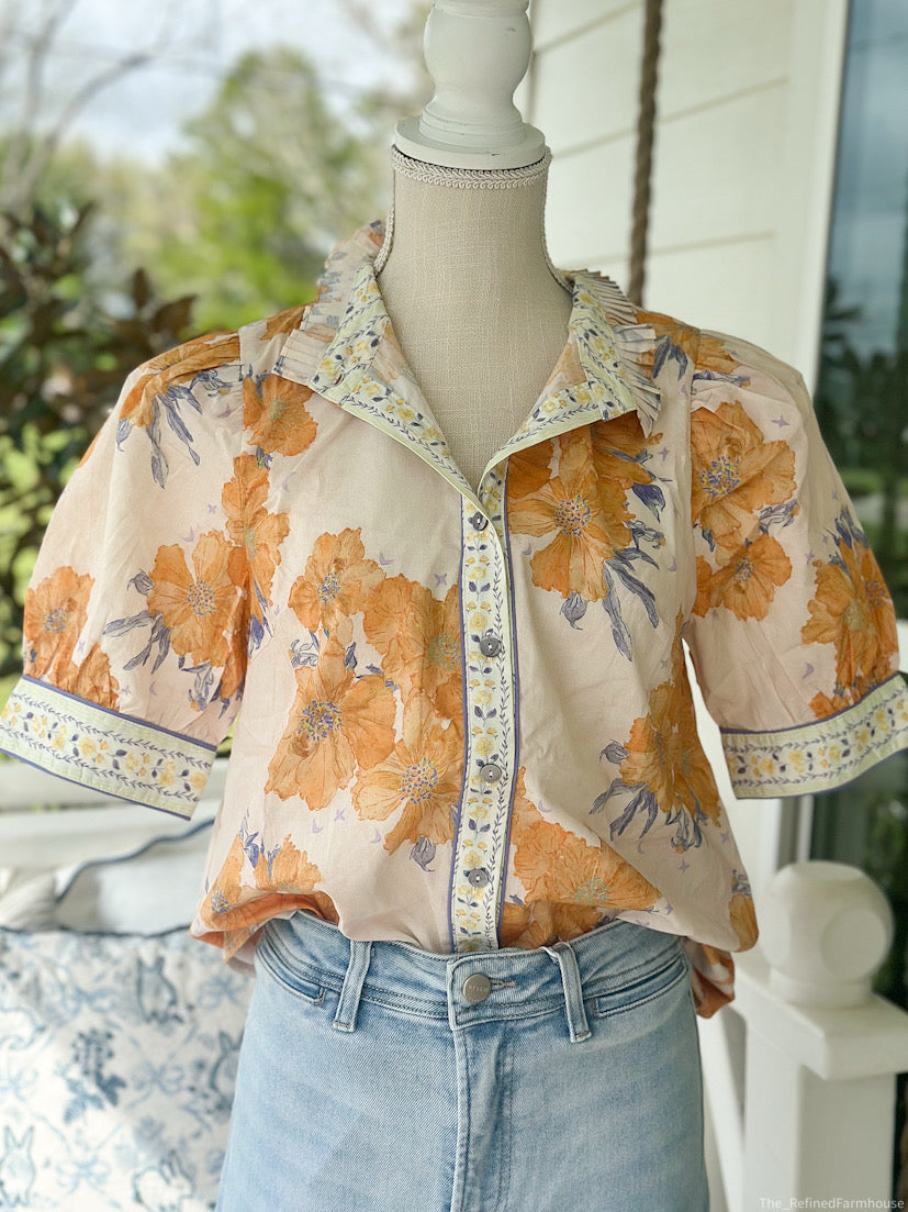 Chic Yellow Floral Puff Sleeve Top