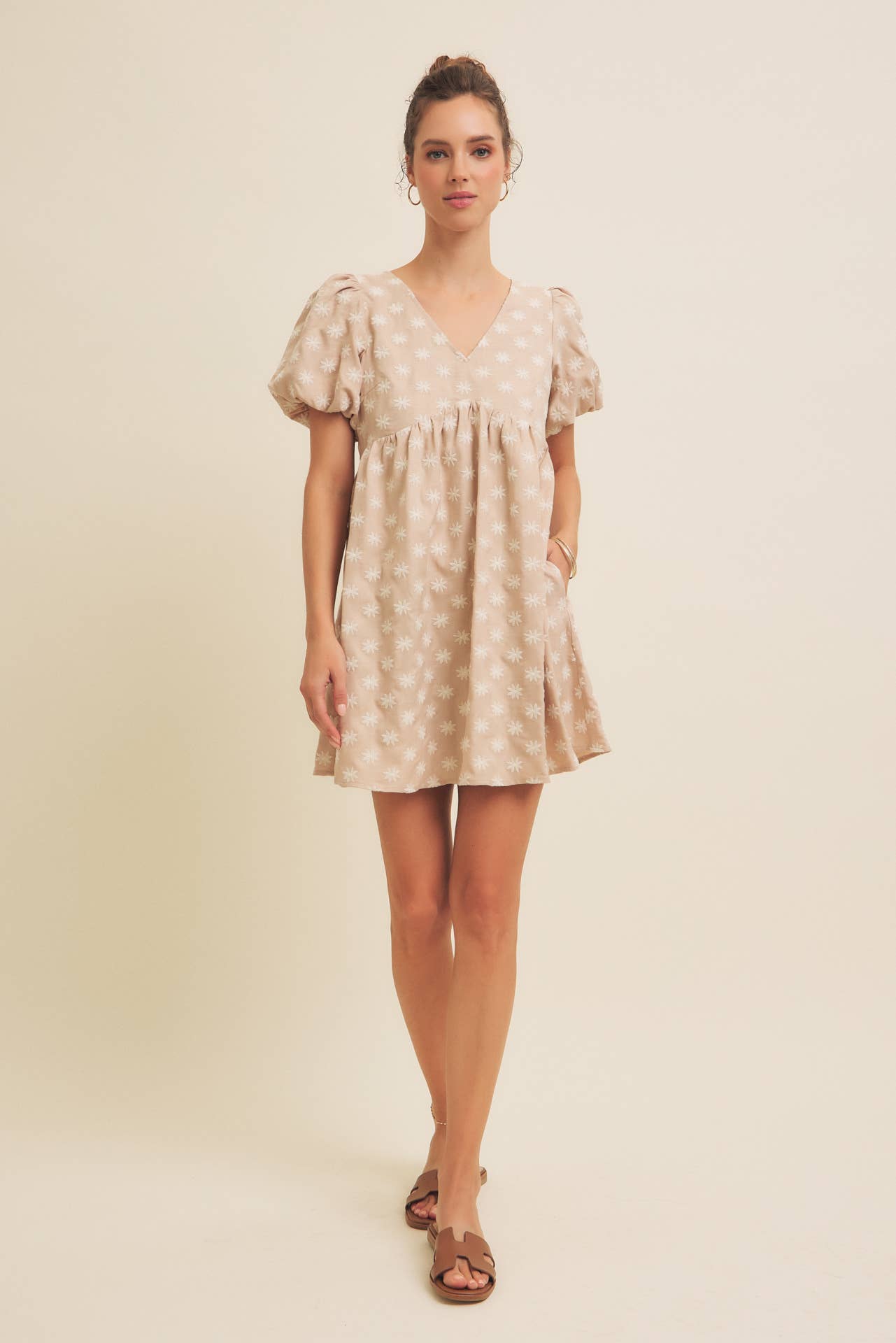 Embroidered Sand Dress with Puff Sleeves