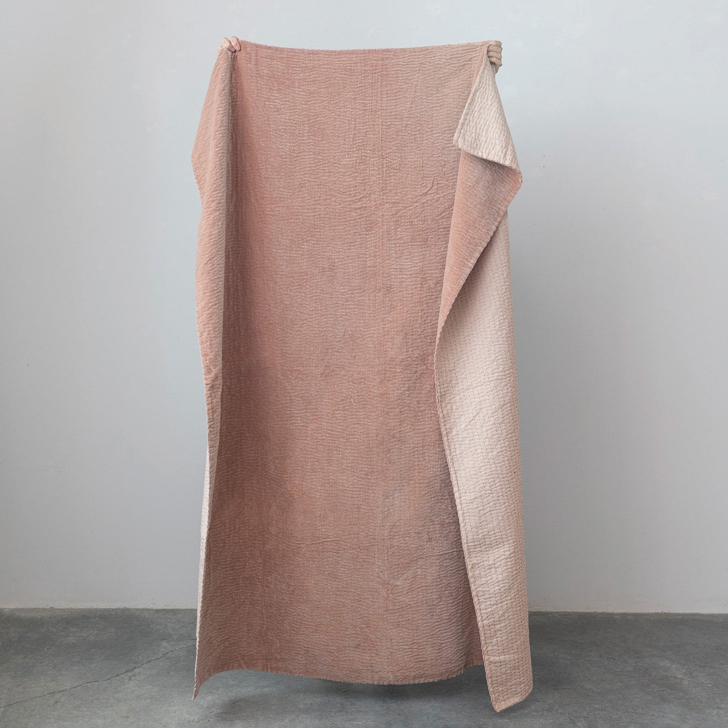 Cotton Velvet Throw w/ Kantha Stitch, Blush Color