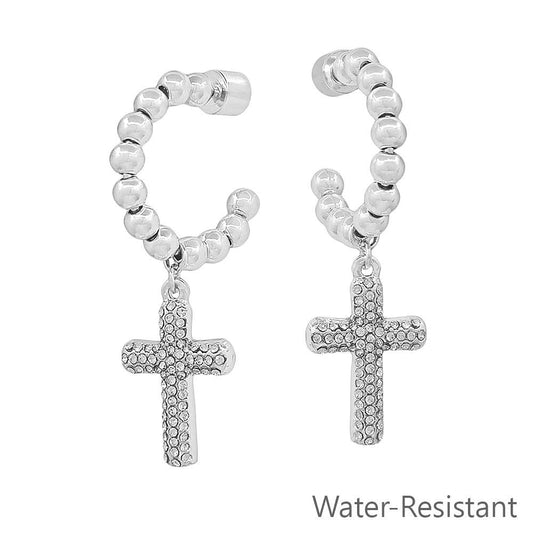 Water Resistant Silver Beaded with Rhinestone Cross 1.5" Hoop Earring