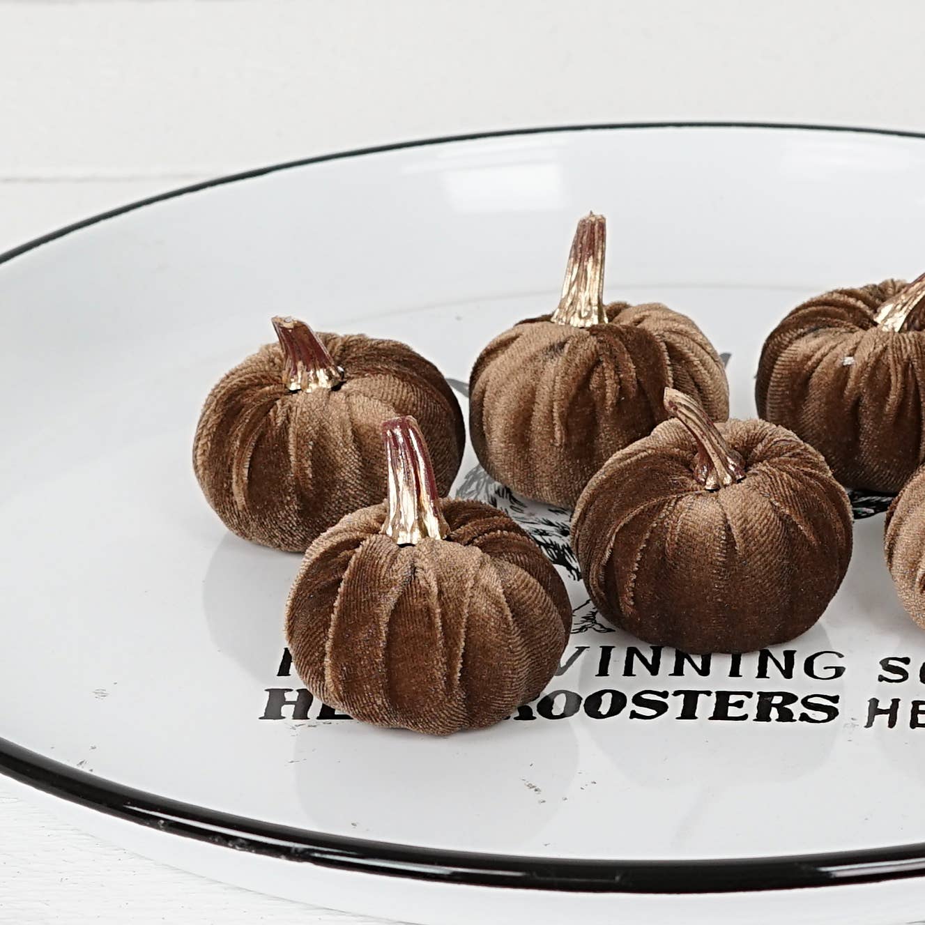 Brown Bag of 6 Velvet 2in Pumpkins w.Golden Stem