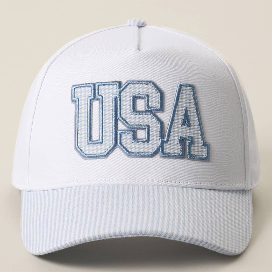 USA Gingham Embroidered Patch Stripe Brim Trucker Hat: BLUE, One Size