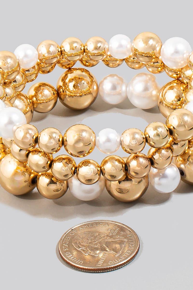 Large Pearl And Metallic Beaded Elastic Bracelet Set: G