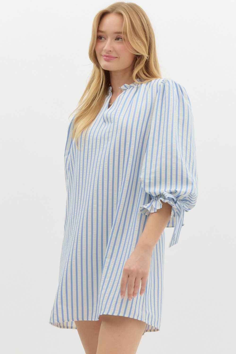 Blue Striped Textured pullover mini dress