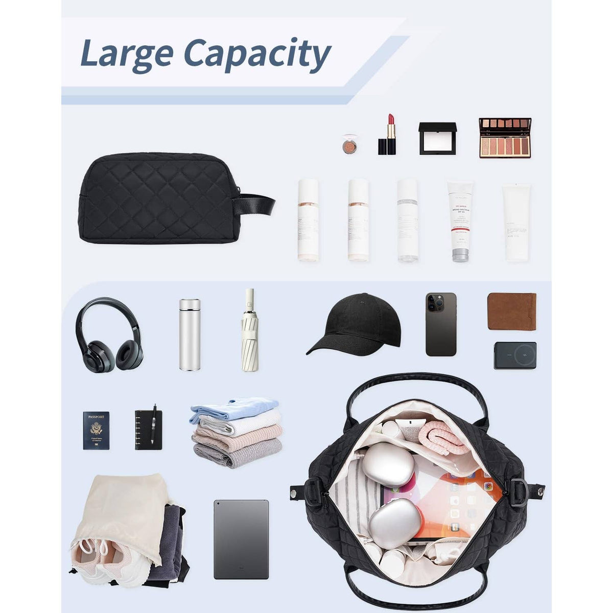 Airplane Approved Duffle Bag & Toiletry Bag Set 2 PCS: Black