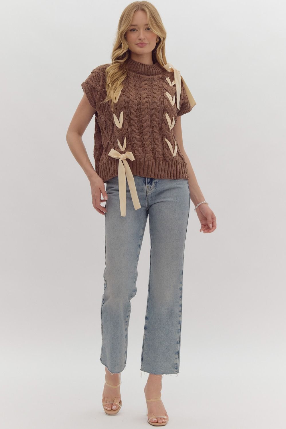 Brown Cable Knit Short Sleeve Sweater with Bow Detail