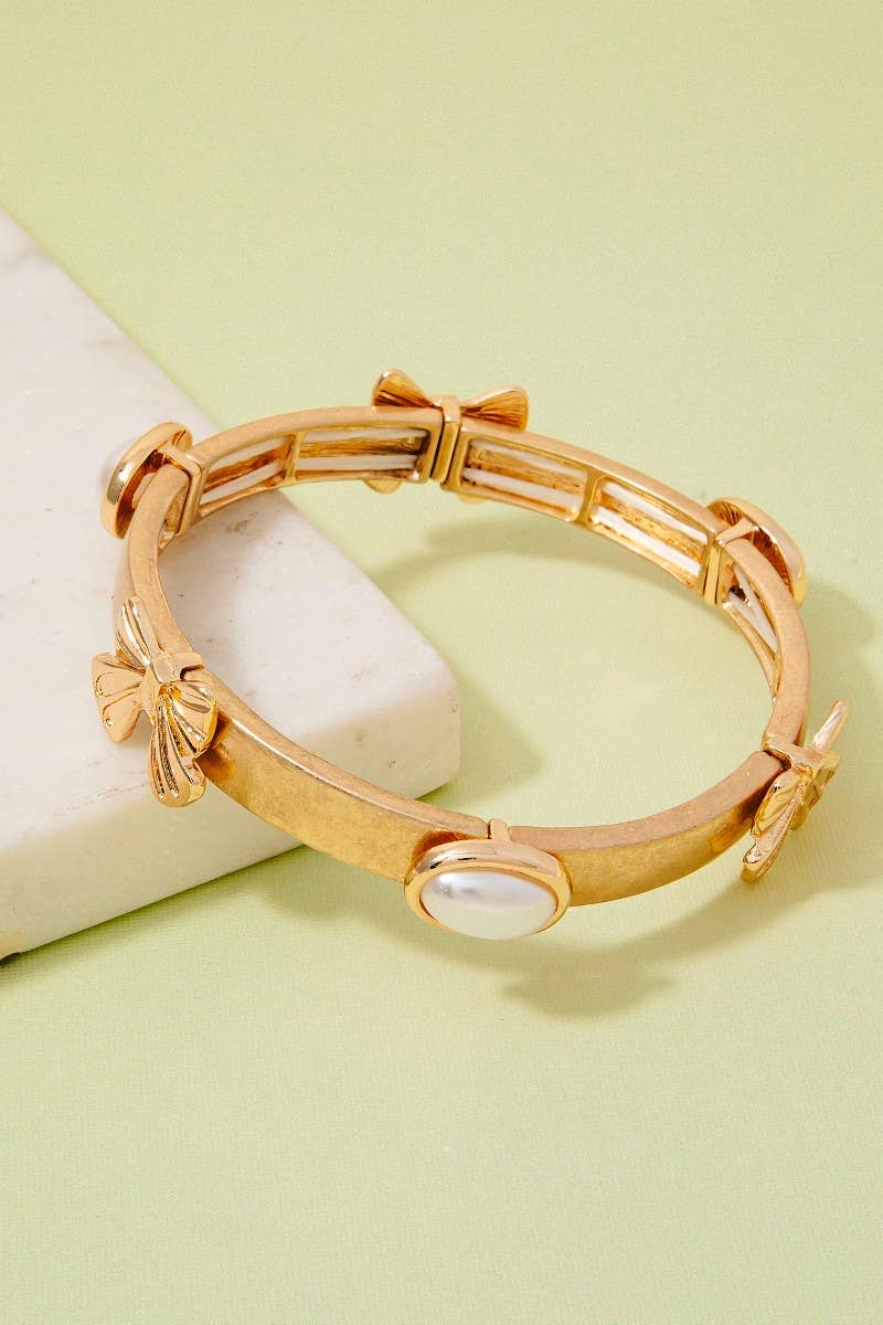 Pearl And Ribbon Bow Station Bracelet