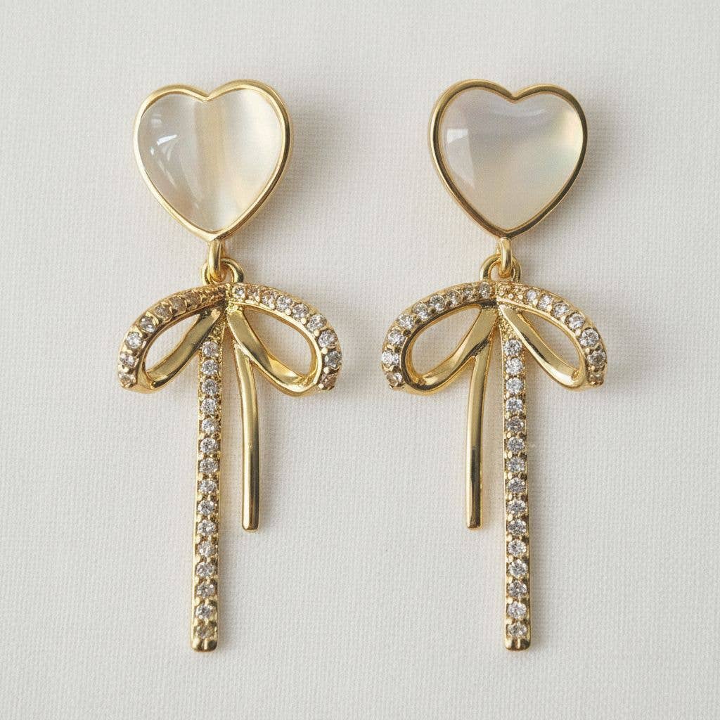 Cat's Eye Heart Bow Tassel Earrings