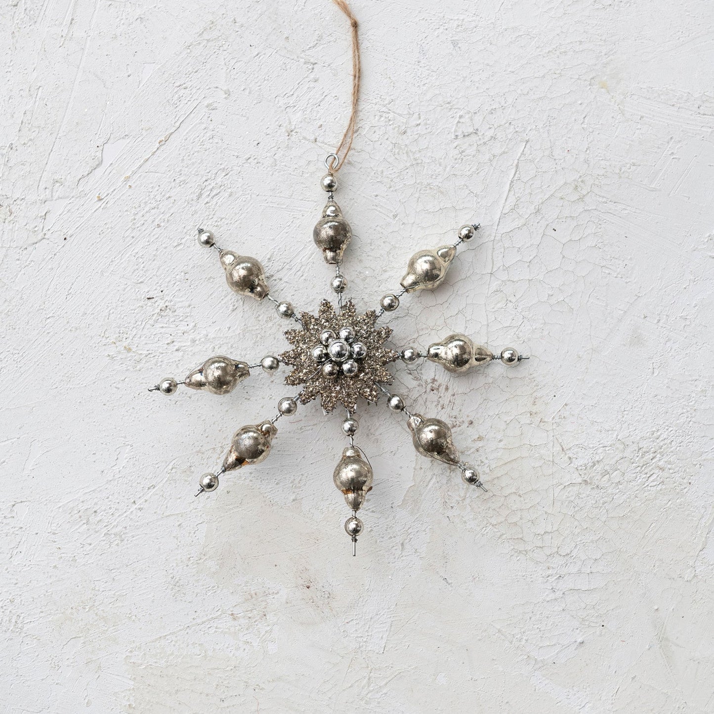 7"H Mercury Glass Snowflake Ornament w/ Tinsel, Silver