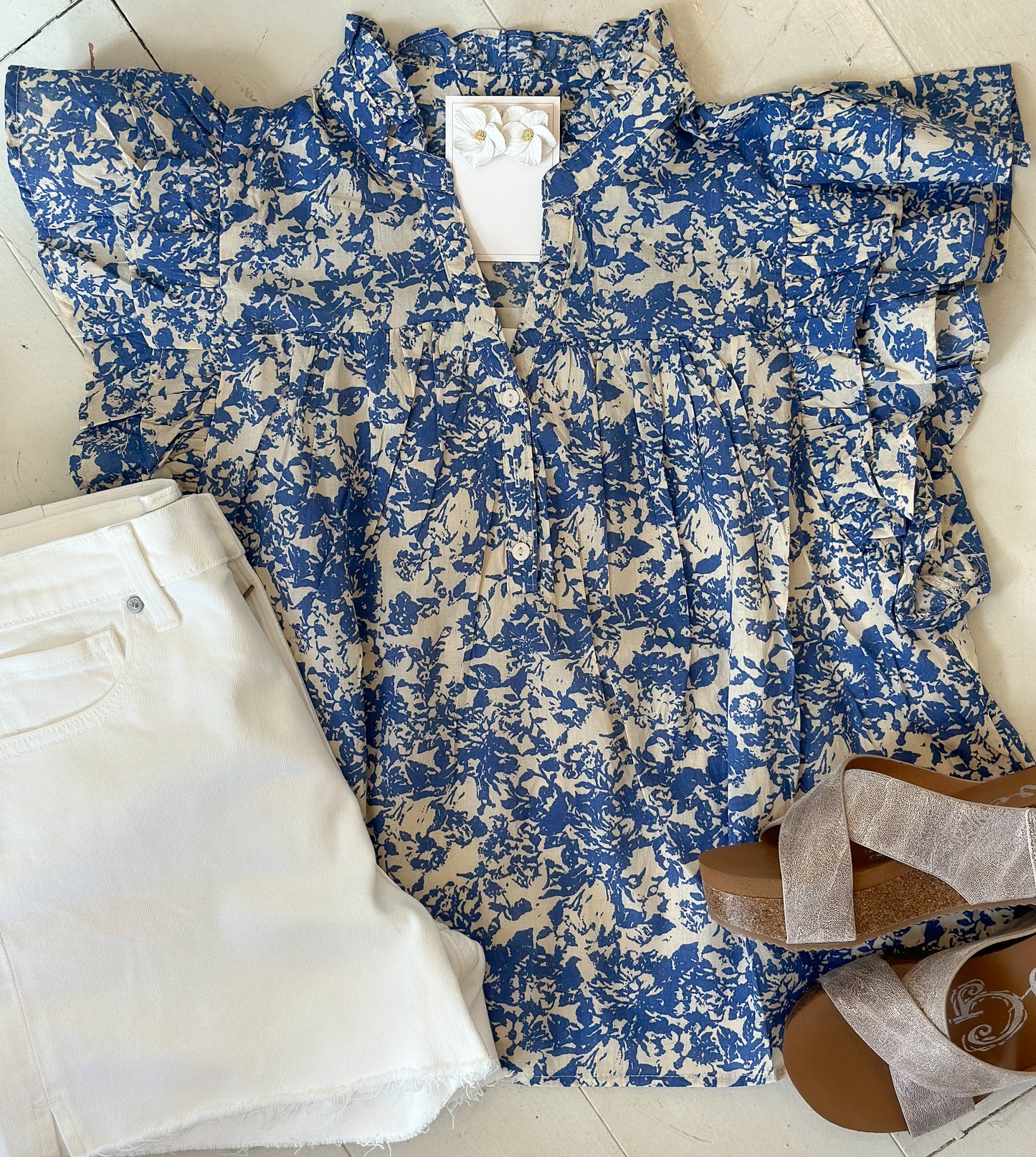 Blue Floral Flutter Sleeve Button Down Top