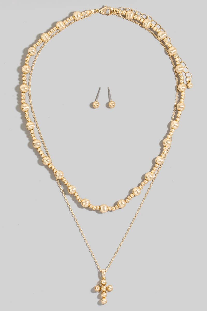 Metallic Beaded Cross Layered Necklace Set