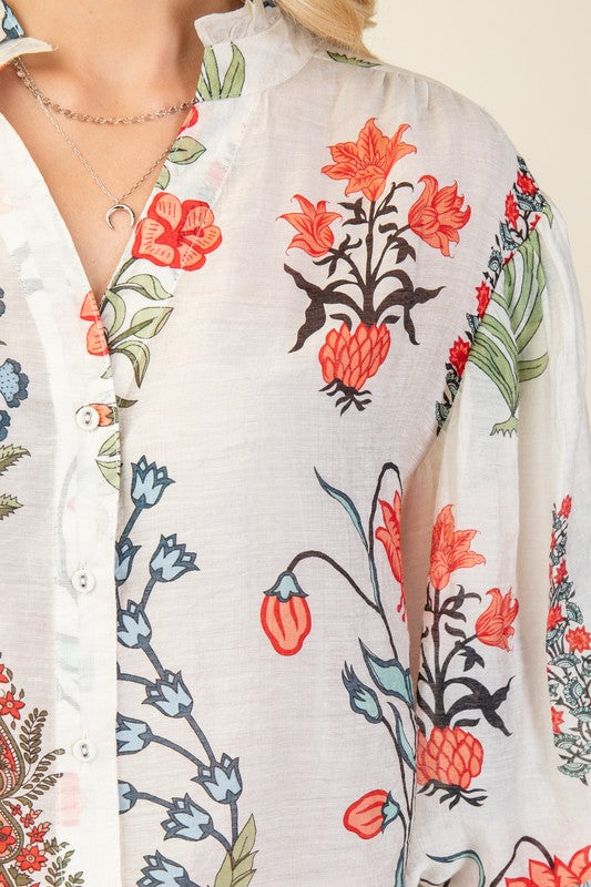 Off White Floral Button Down Top