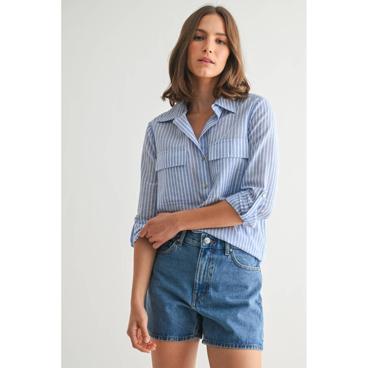 STRIPE 2POCKET SHIRTS: Navy, S-M-L(2-2-2)