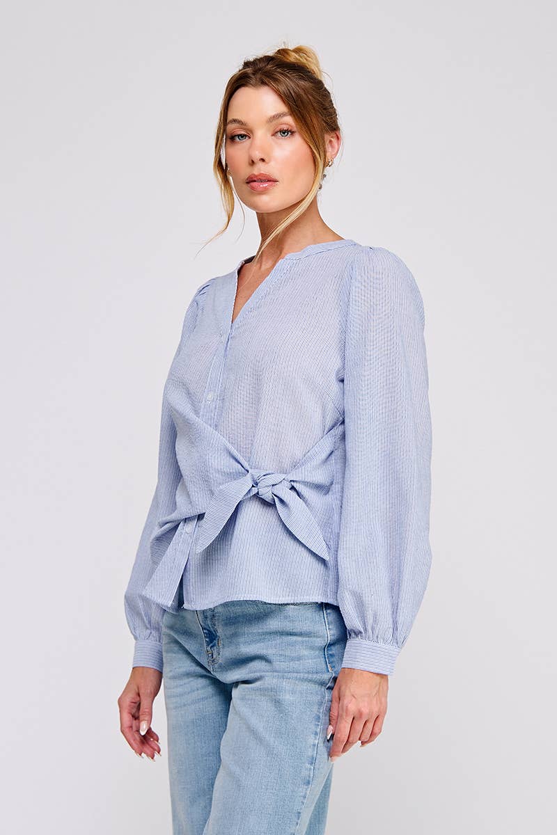 Striped cotton blend side wrap-tie button up blouse: NATURAL WHT, S