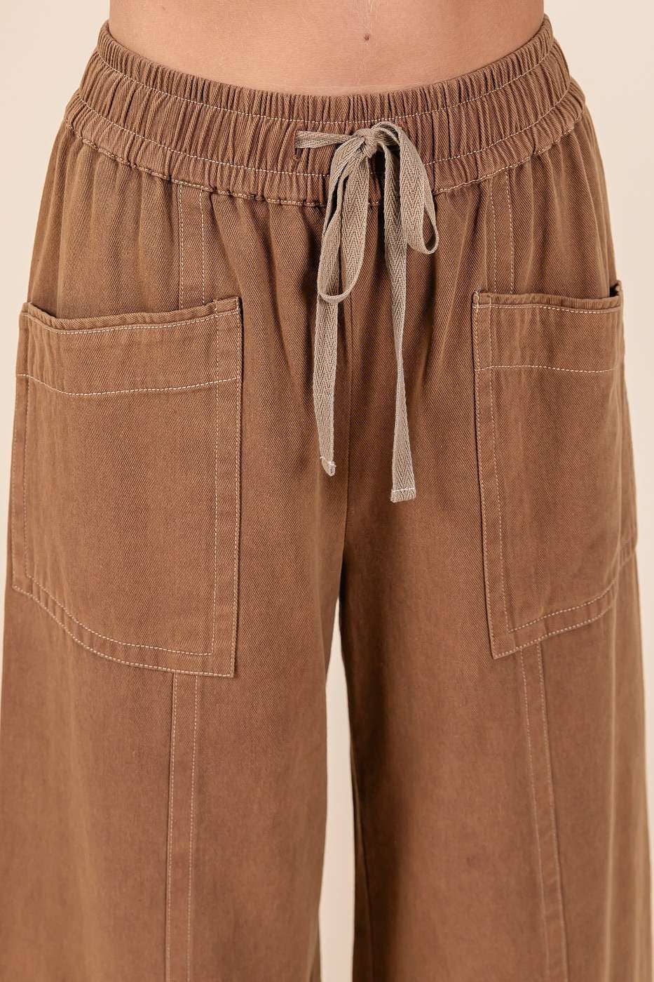 MINERAL WASH WIDE LEG ELASTIC WAIST TWILL PANTS: RED BEAN, S-M-L(2-2-2)