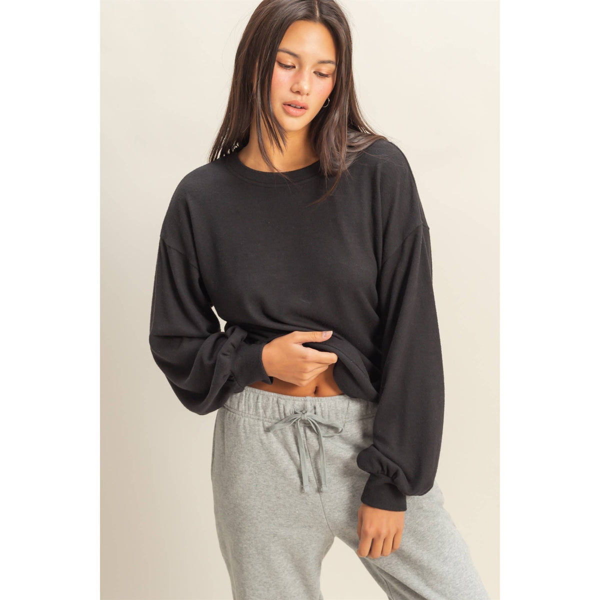 Round Neck Balloon Sleeve Sweatshirt | Black