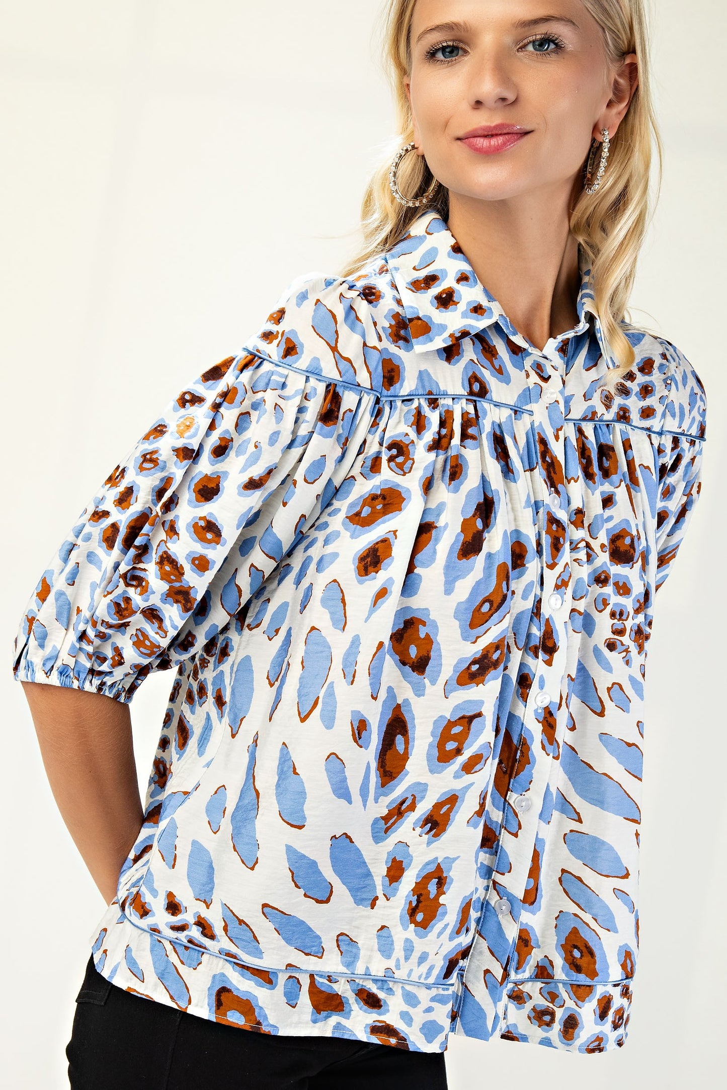Blue Leopard Print Button Down Blouse
