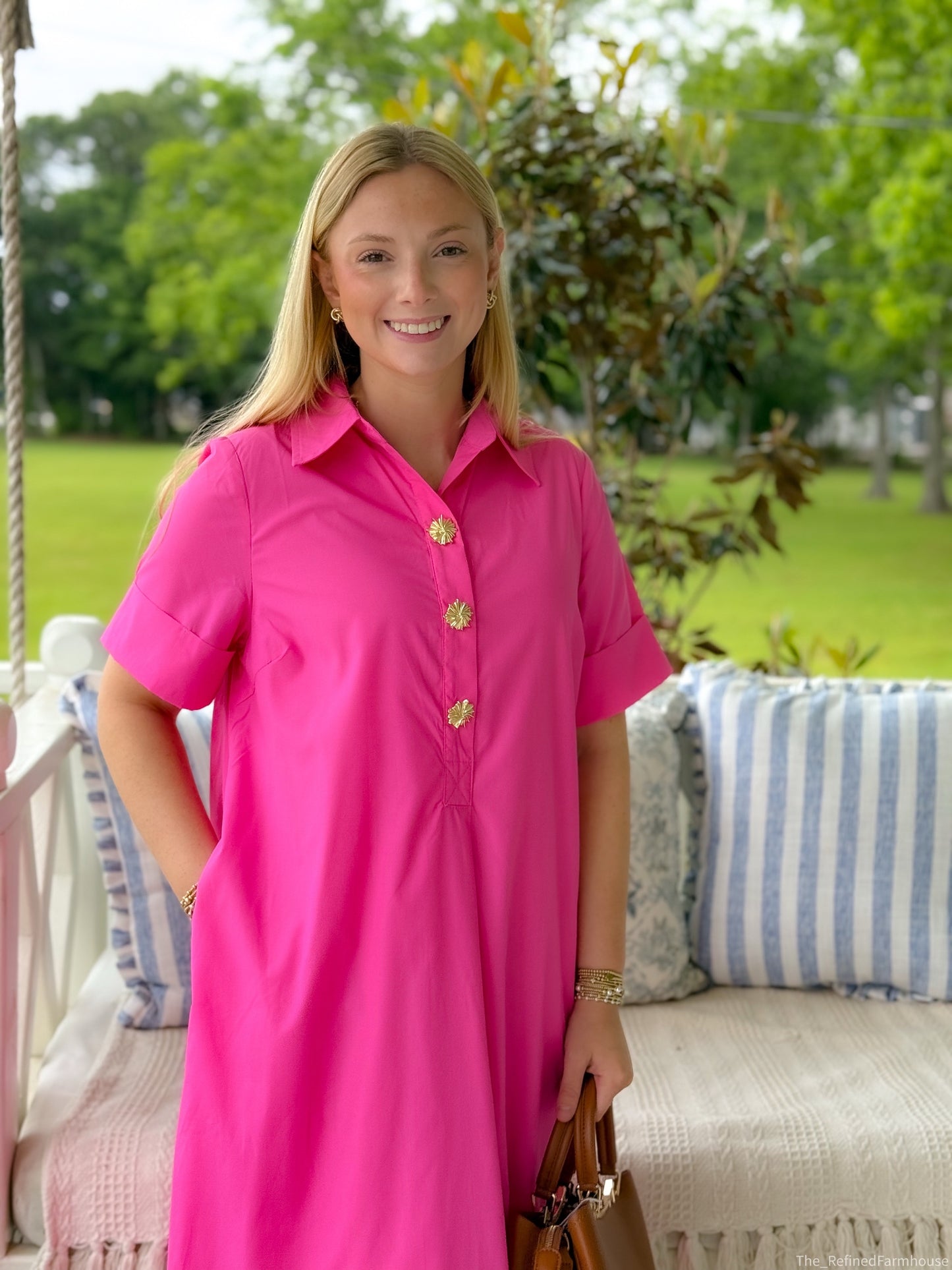 The Hampton Gold Button Dress – Pink