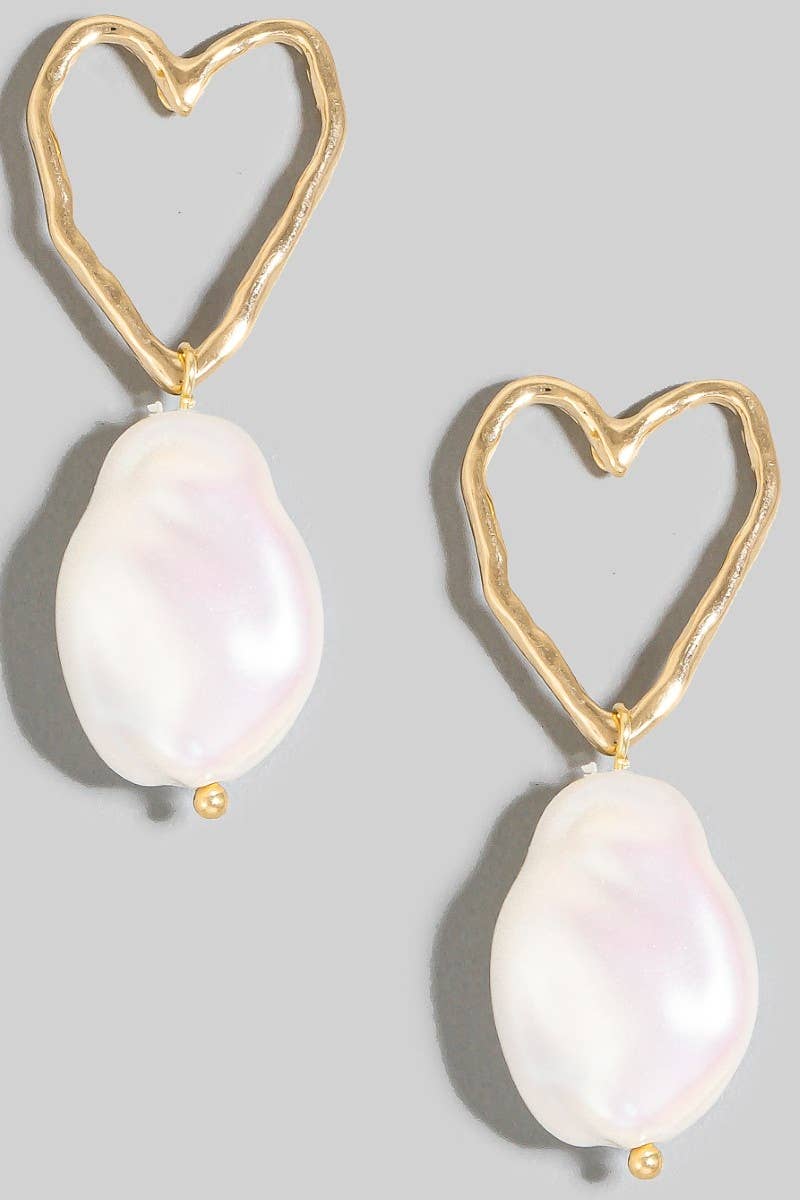 Pearl Charm Heart Stud Drop Earrings: Gold