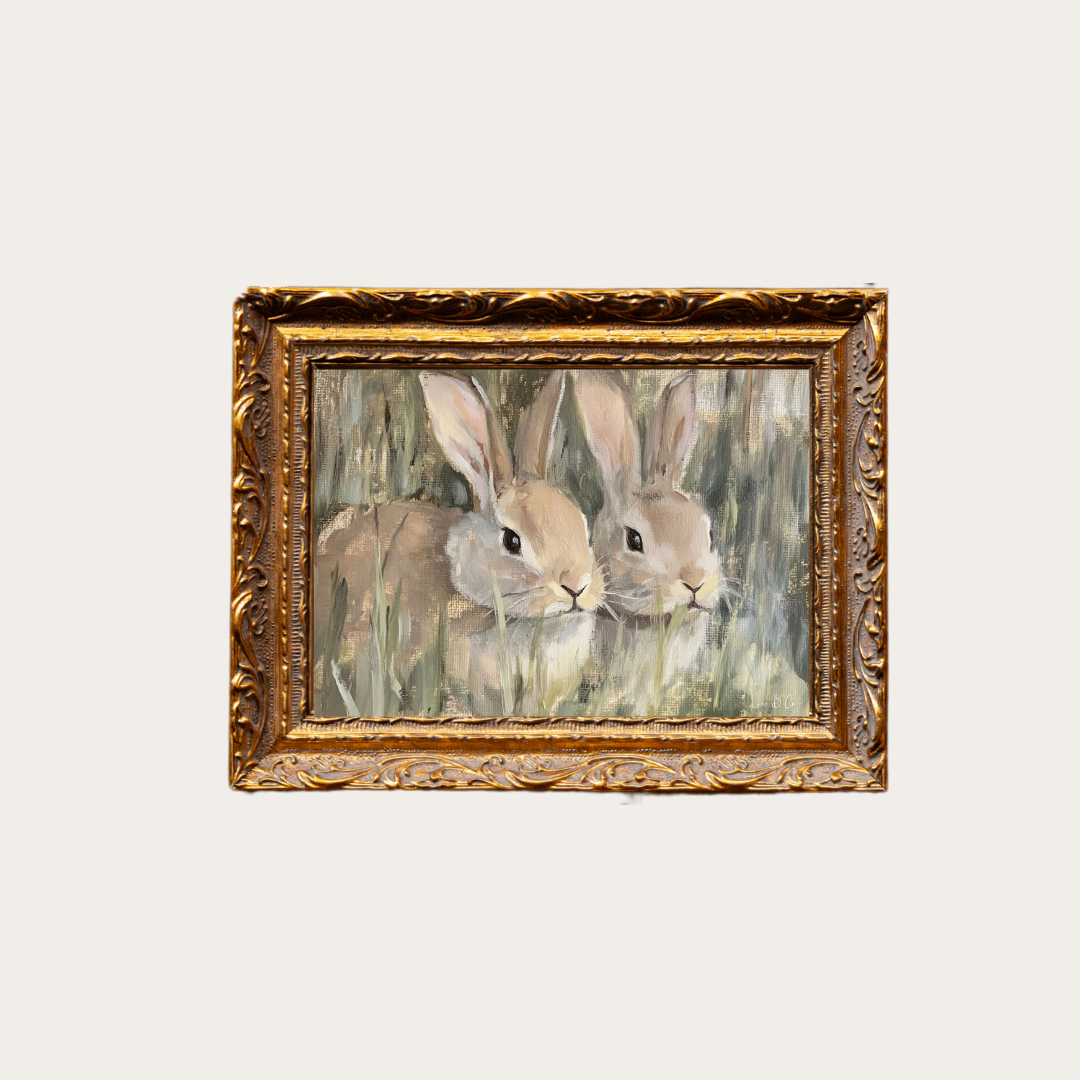 Spring Rabbits | French Brass Inspired Gold Mould Framed Art: 5 x 7