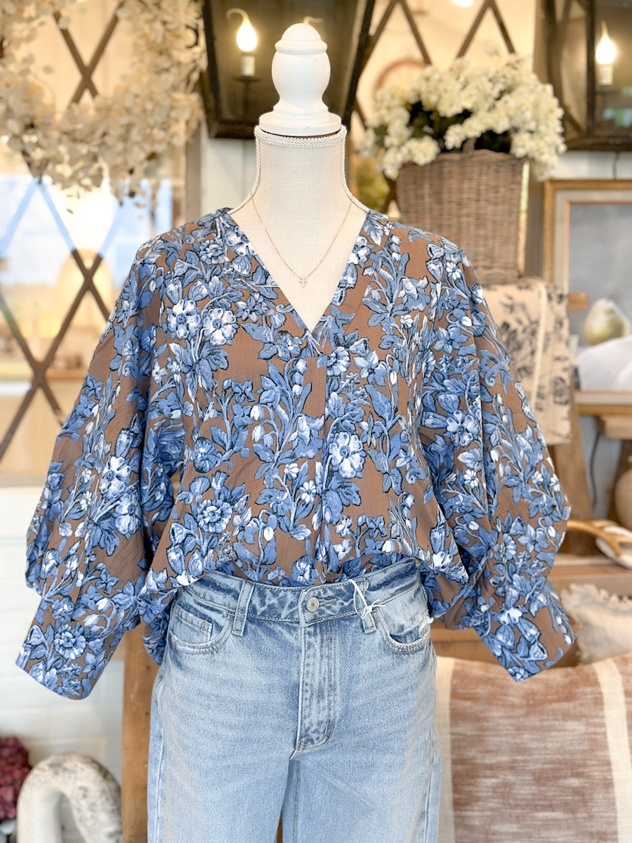 Floral Print 3/4 Balloon Sleeves Top - Mocha