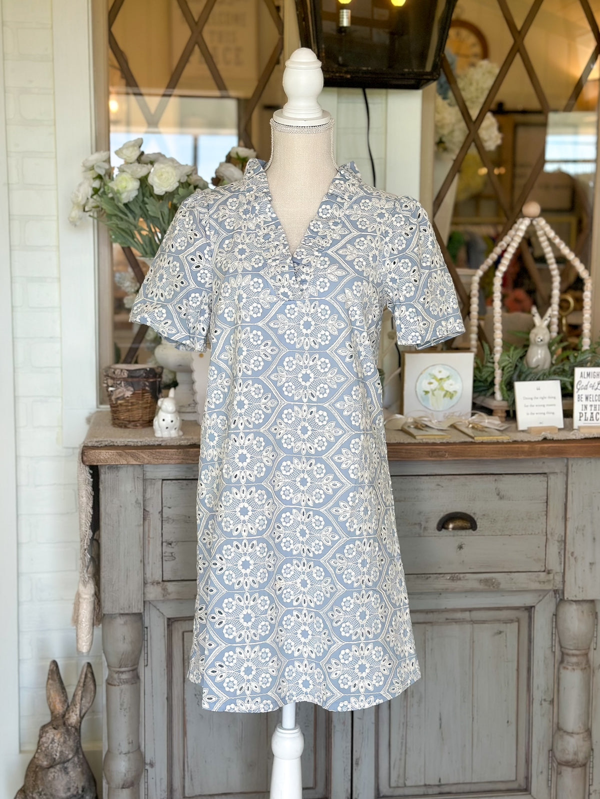 Wide Ruffle V Neck Embroidered Dress