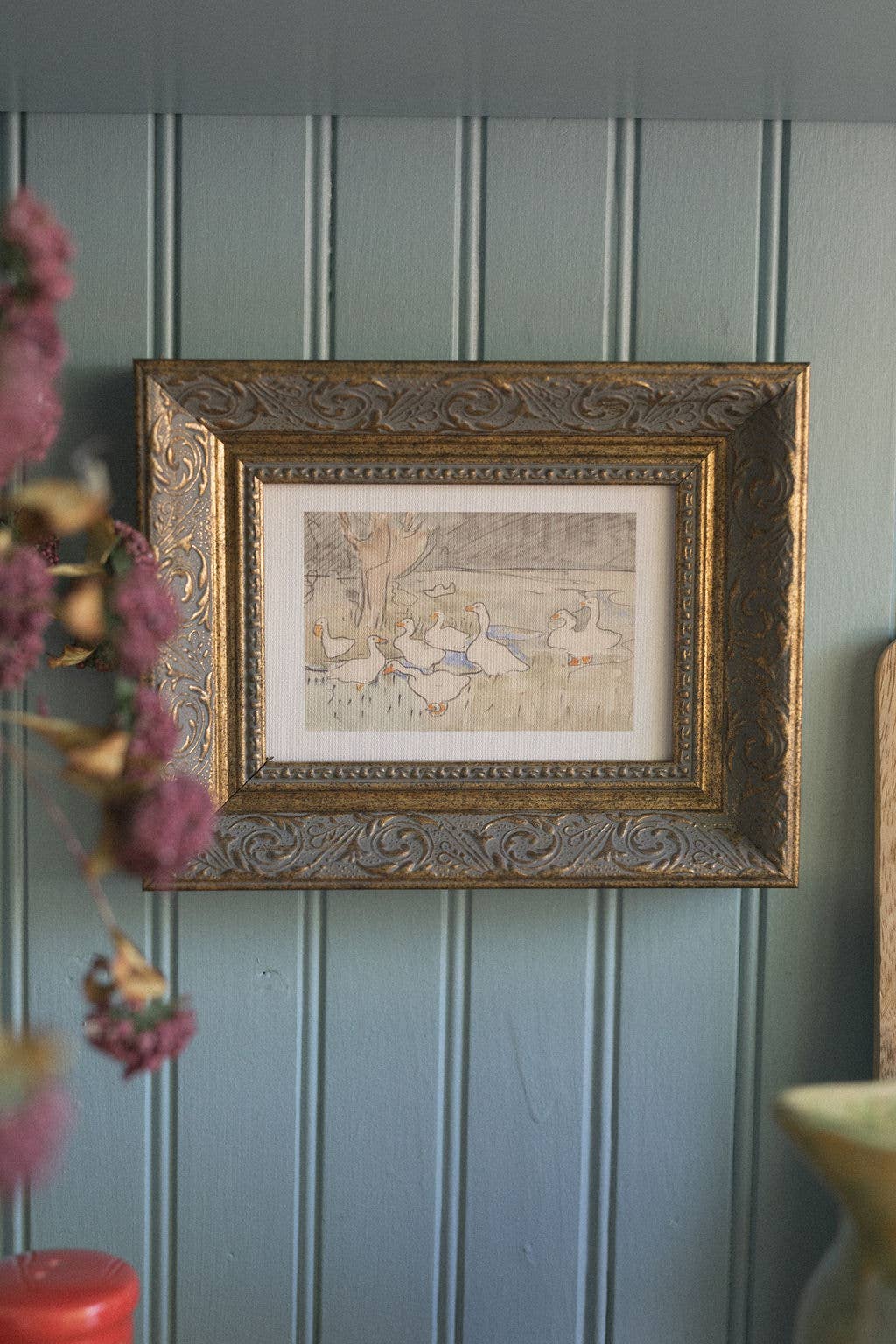 Geese Pond Framed Antique Art: 16x12