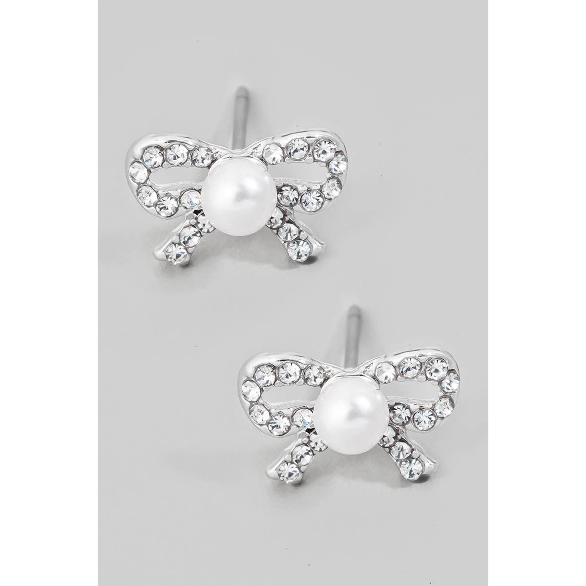 Pearl And Rhinestone Studded Ribbon Bow Stud Earrings: GD