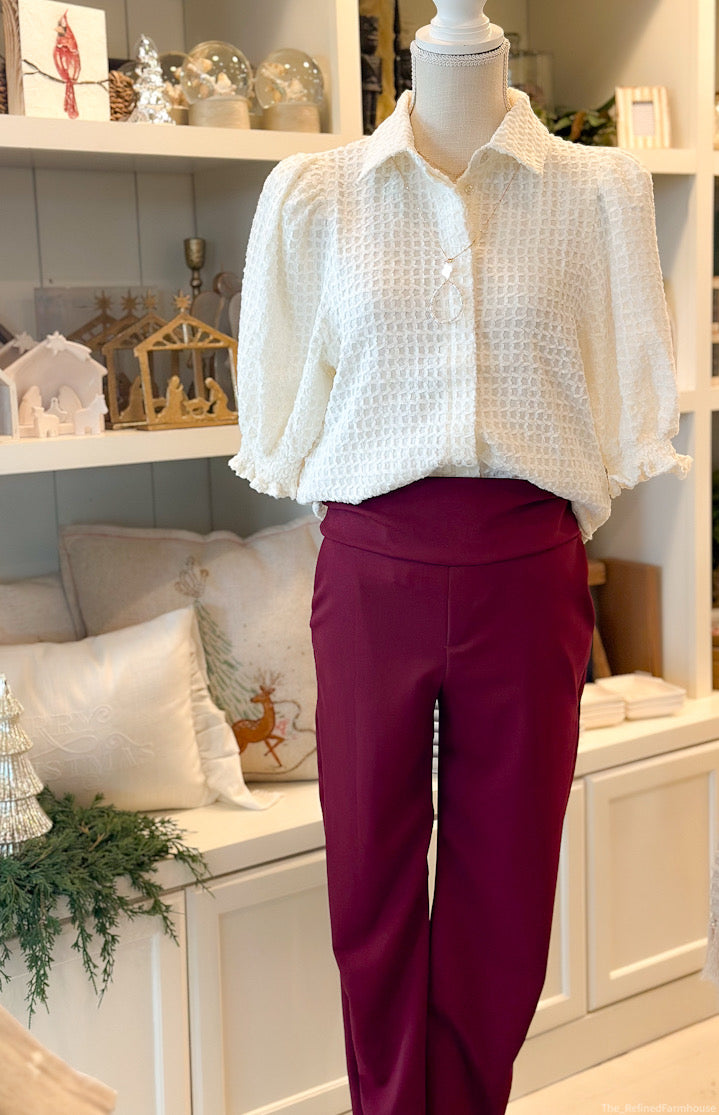 Cream Collar Neck Puff Sleeve Button Down Texture Shirt