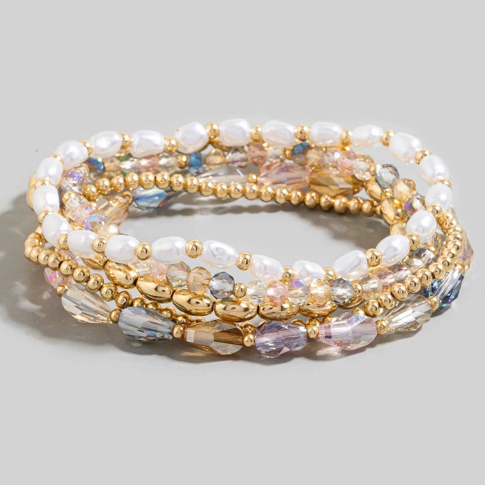Metallic Pearl And Faceted Beaded Bracelet Set: LMUL