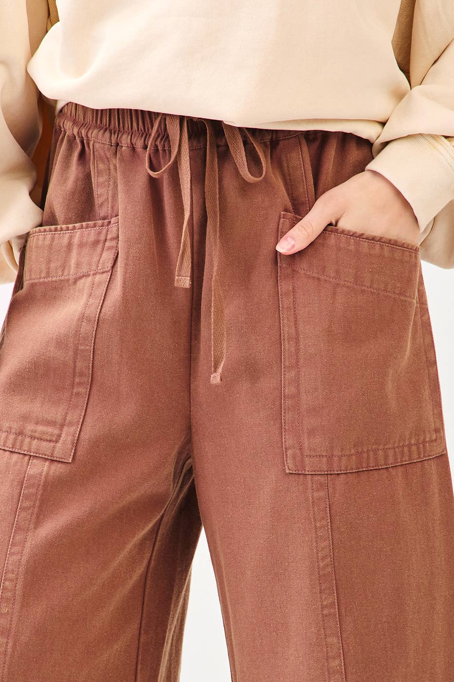 MINERAL WASH WIDE LEG ELASTIC WAIST TWILL PANTS: RED BEAN, S-M-L(2-2-2)