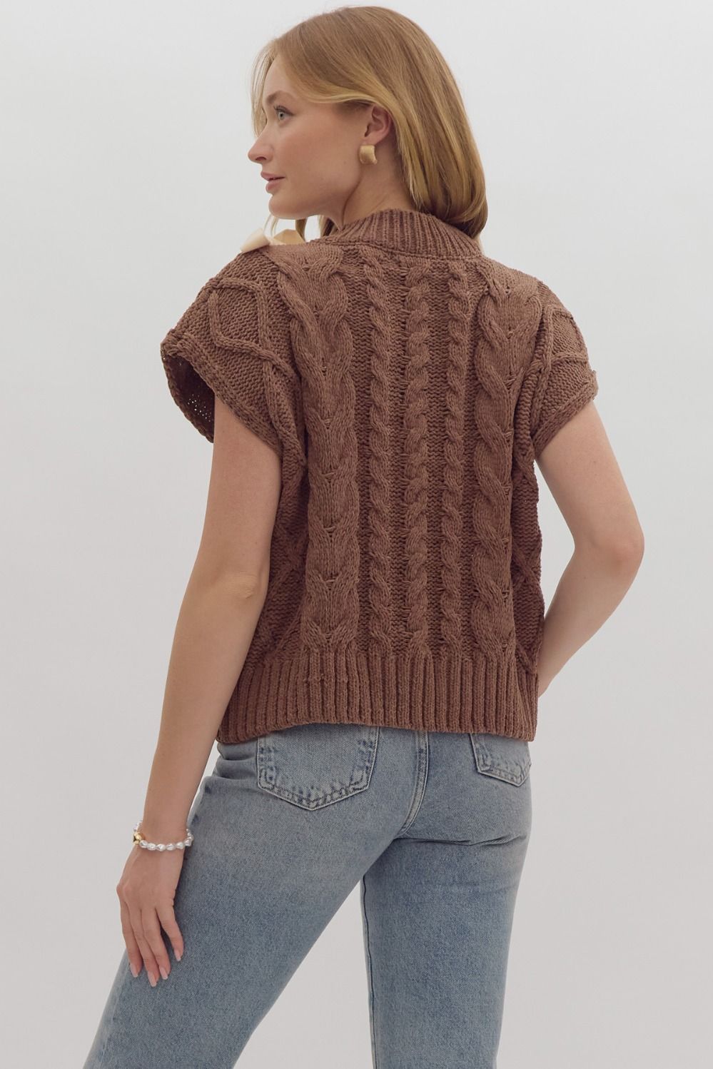 Brown Cable Knit Short Sleeve Sweater with Bow Detail
